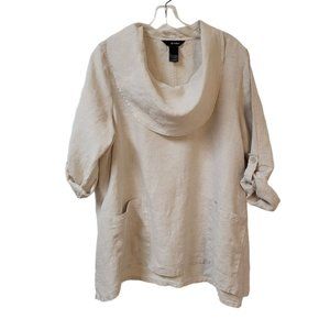 Ali Miles Sz L 100% Linen Lagenlook Cowl Neck Roll Tab Sleeve Tunic Blouse